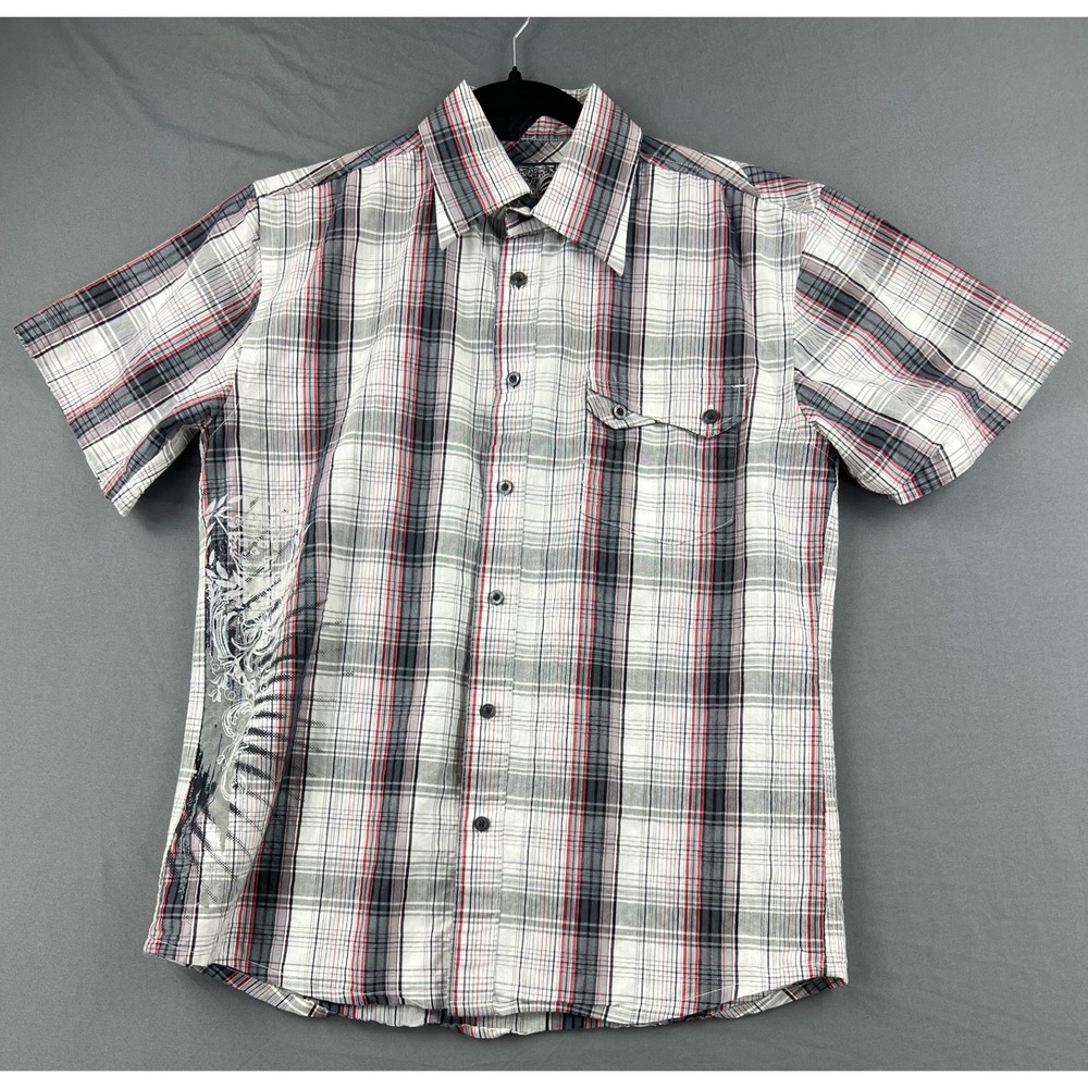 Ocean Current Plaid Shirt Mens Medium Short Sleeve Gray Red Graphic Excellent